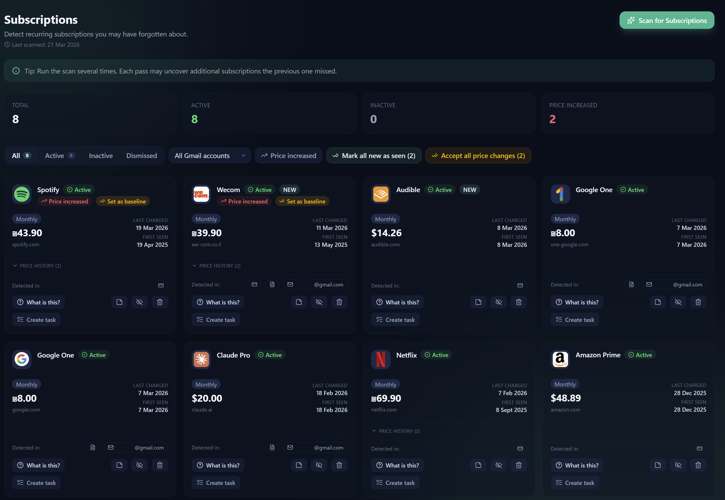 Subscription Tracker — detect and manage recurring subscriptions